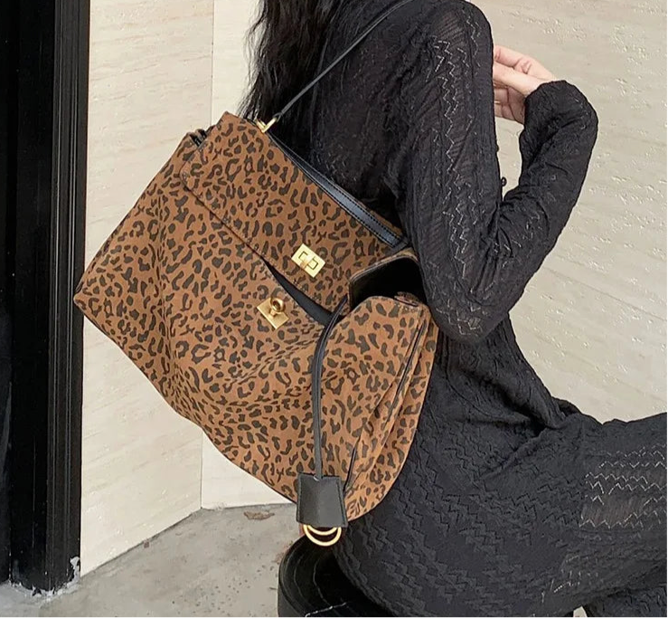 Leopard Print Suede Leather Bag