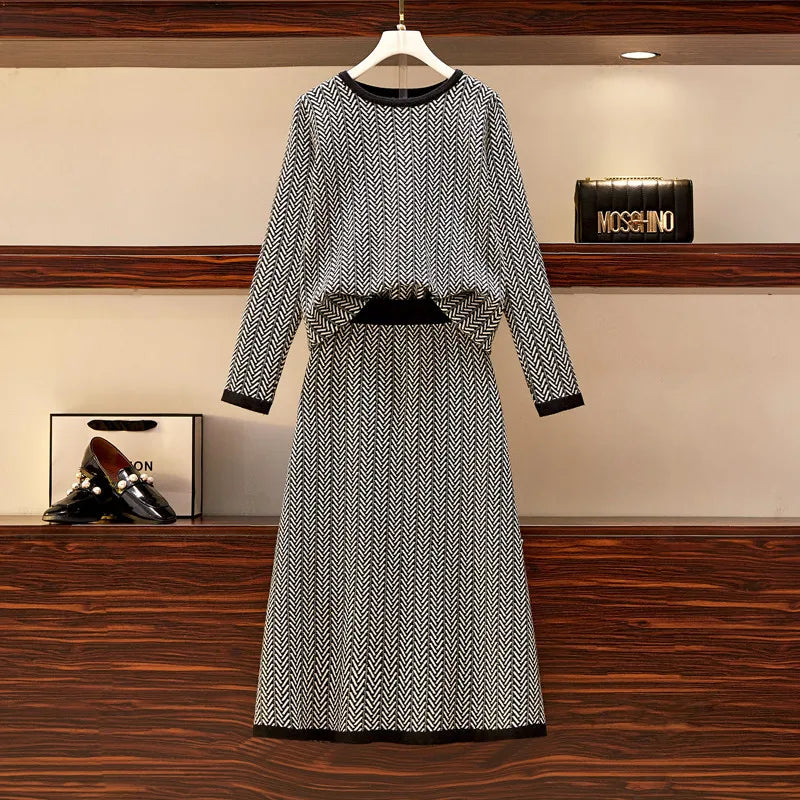 Knitted Striped Long Sleeve & Skirt Set