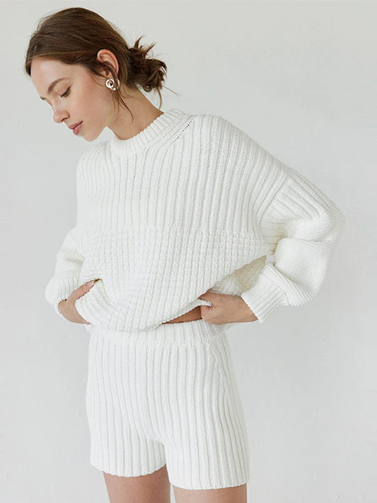 Solid Knit Shorts Sweater Suit