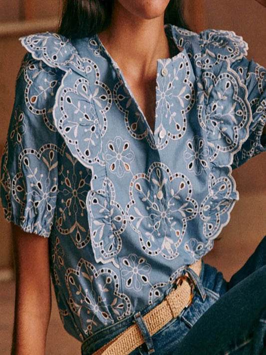 Flower Embroidery Women Shirt