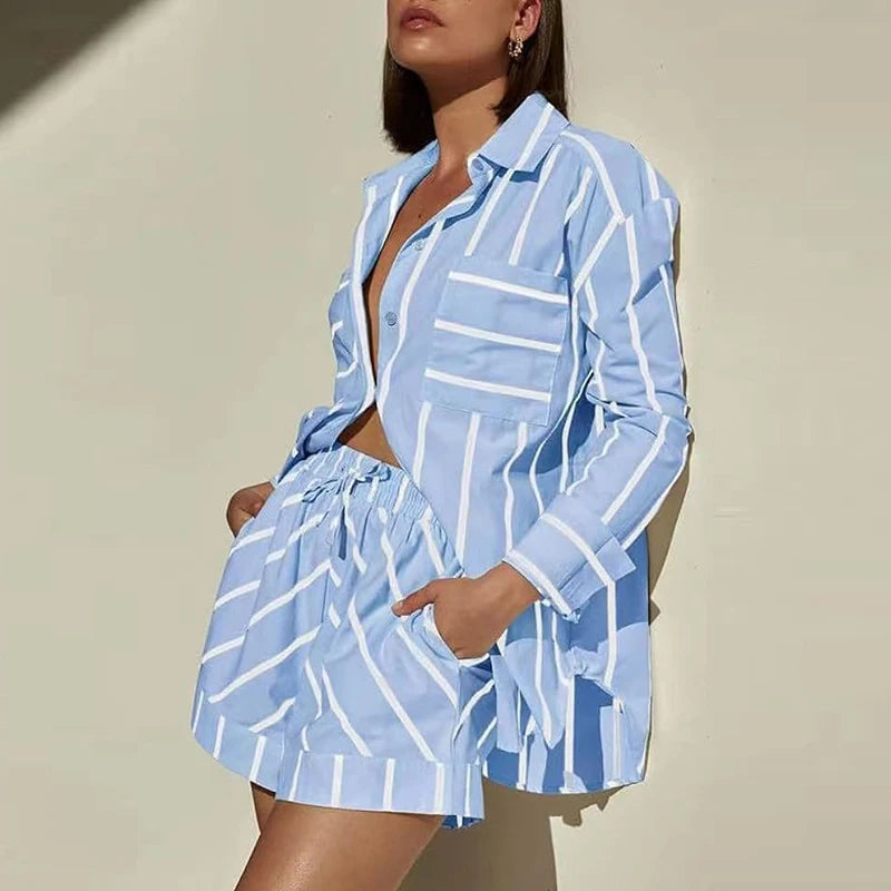 Striped Print Two Piece Outfit Shirts & Shorts