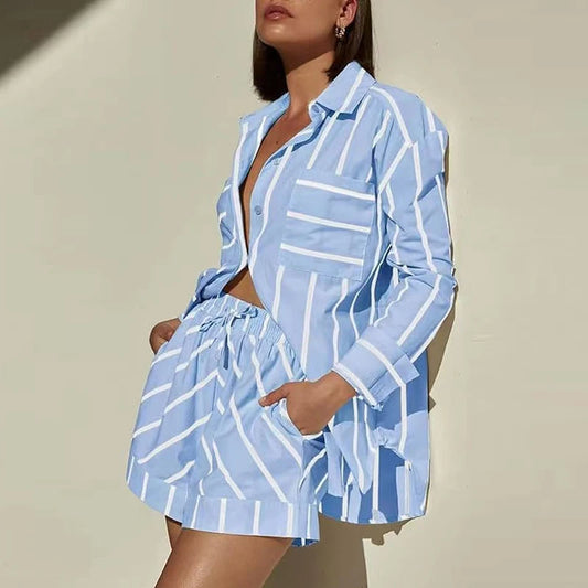 Striped Print Two Piece Outfit Shirts & Shorts