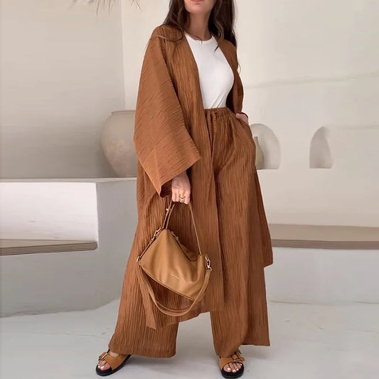 Pleated Texture Top+Straight Casual Pants Suit