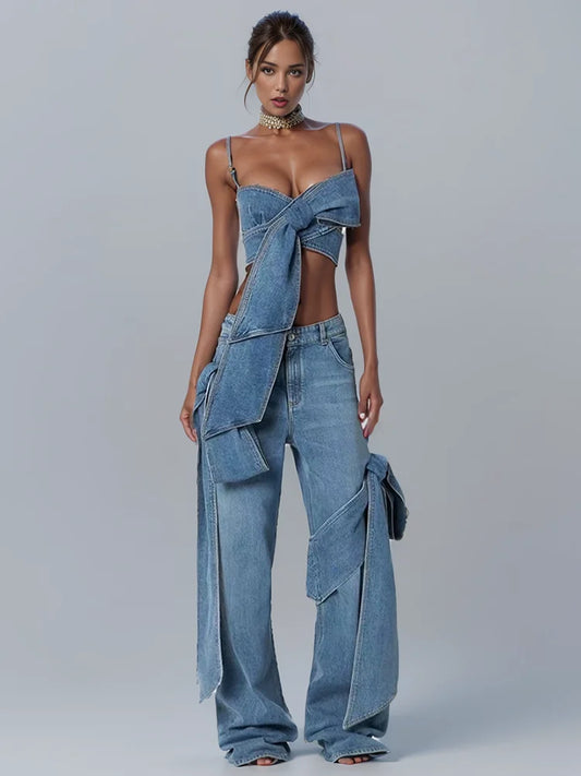 Bows Cross Bandage Denim Camis High Waist Wide Leg Straight Streetwear Jeans