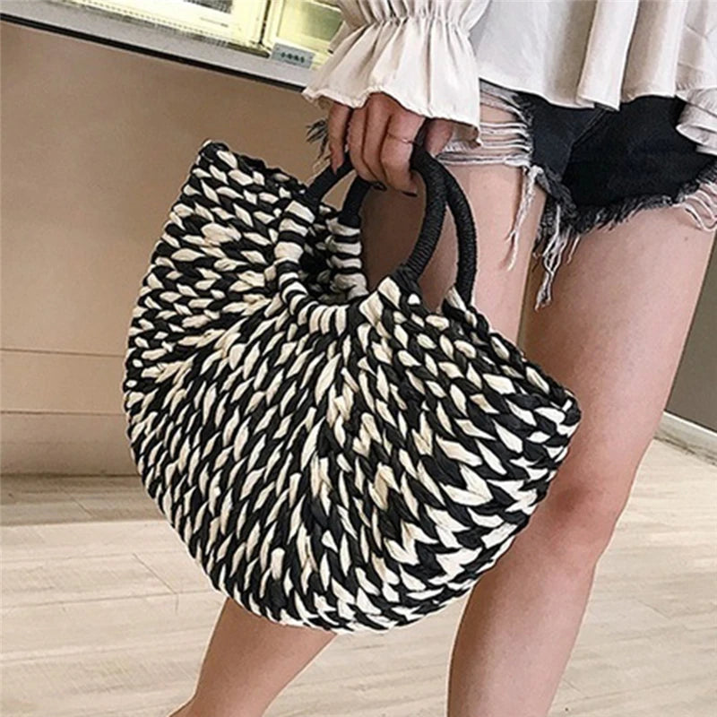 Women Handbag Rattan Wicker Straw Woven Half-round Bag