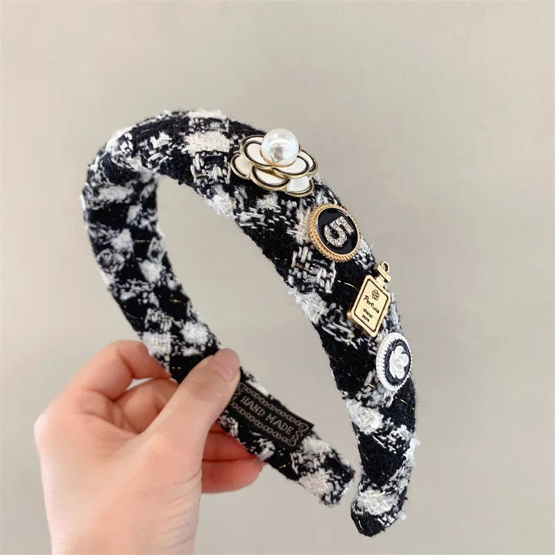 Black White Camellia Embroidery Women Hairband