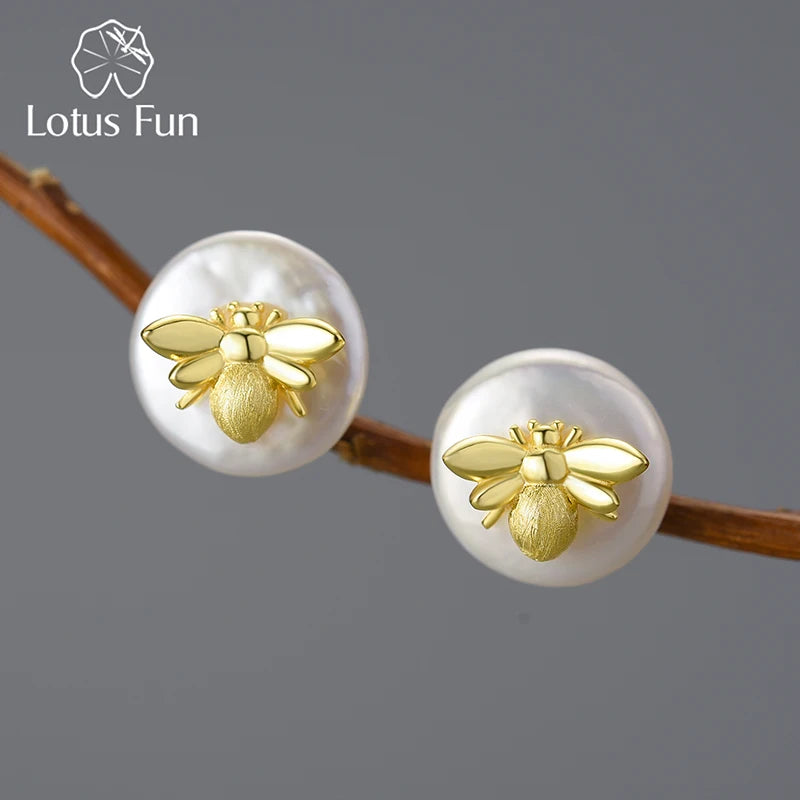 Lotus Fun Unusual Vintage Natural Baroque Pearl 18K Gold Bee Stud Earrings