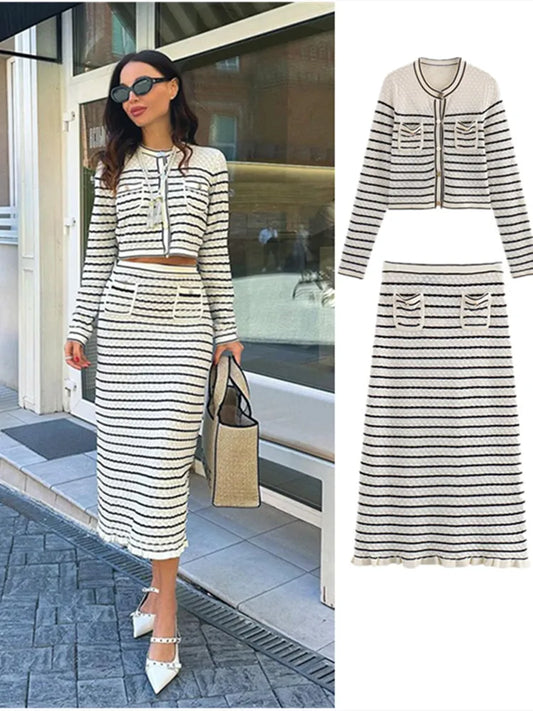 Knitted Striped Set Skirt & Single Breasted Cardigan