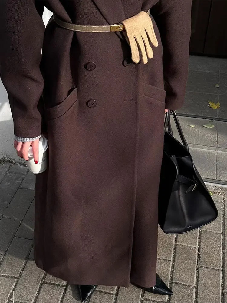 Elegant Double-breasted Padded Shoulder Overcoat