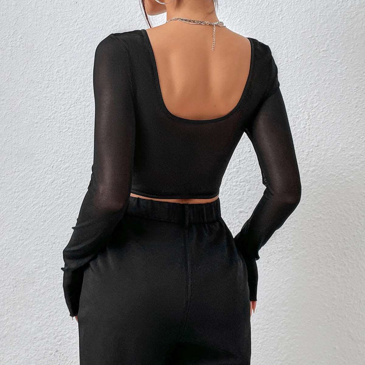 Chic Sexy V Neck Long Sleeve Mesh Crop Top