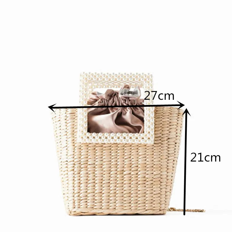 Pearl straw bag bursting with bushel woven bags holiday beach handbag