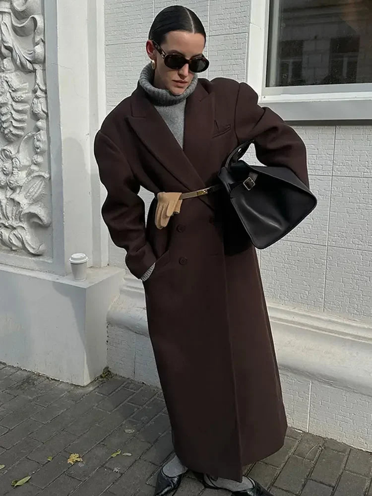 Elegant Double-breasted Padded Shoulder Overcoat