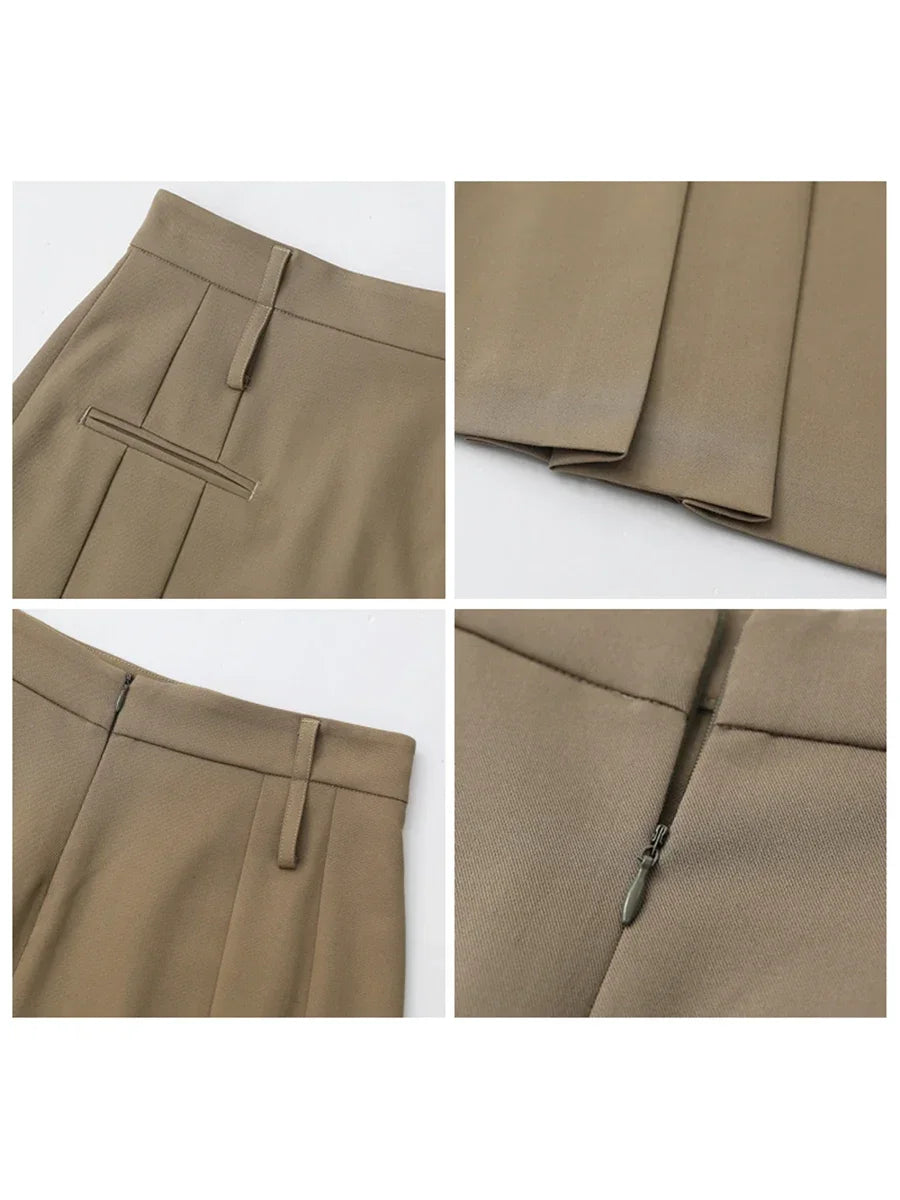 British High Waist Pleated Solid A-line Skirt