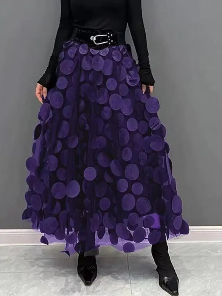 Retro Black Elegant Round Dot Mesh Long Skirt