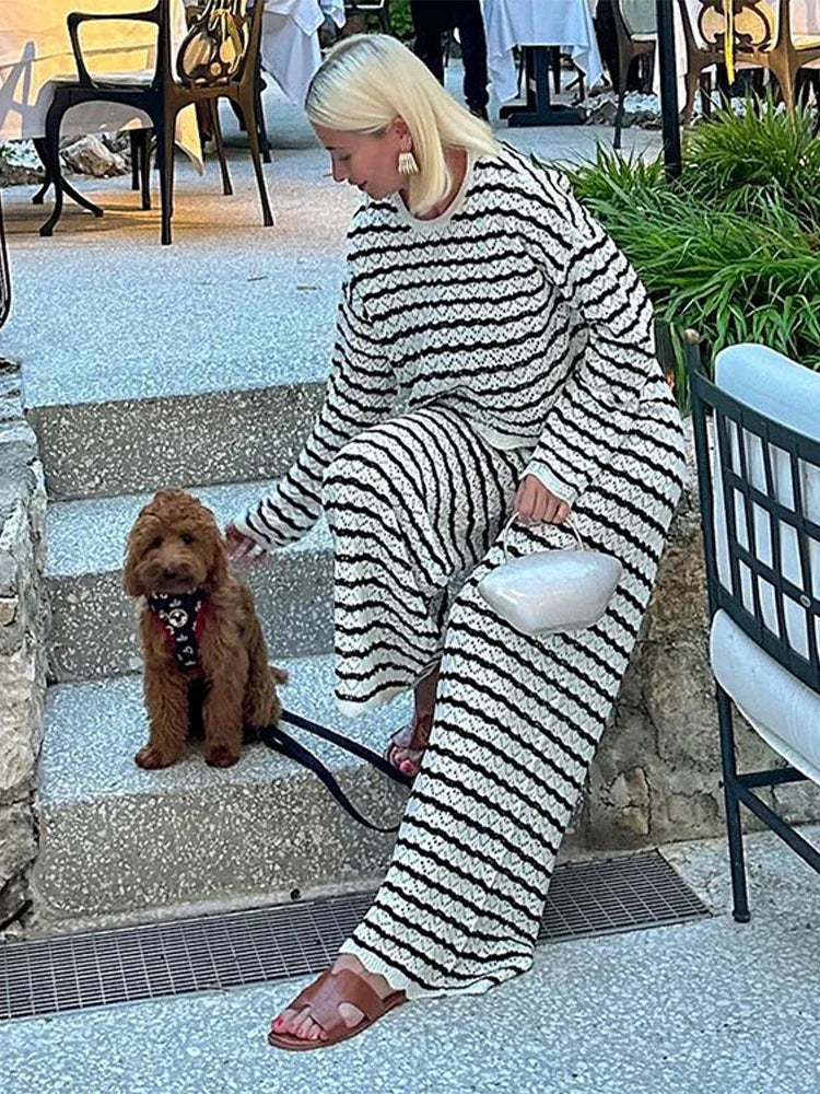 Casual Striped Knit  Pants Suit