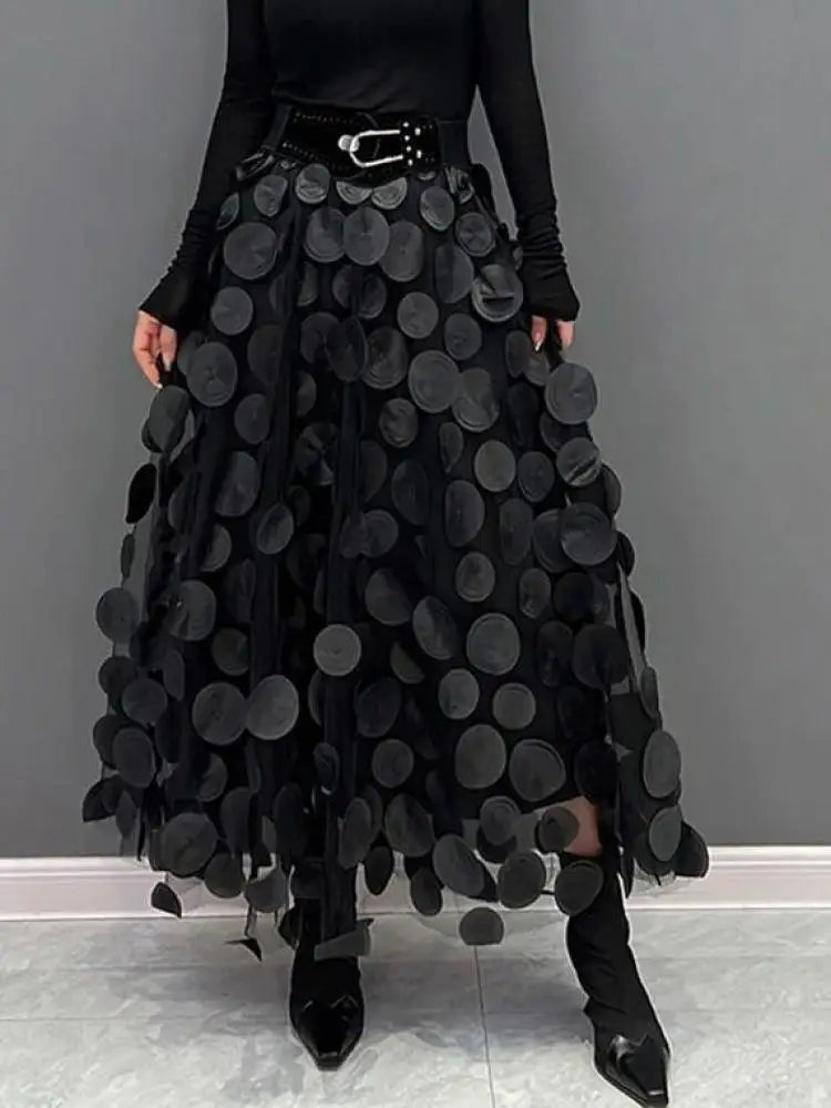 Retro Black Elegant Round Dot Mesh Long Skirt