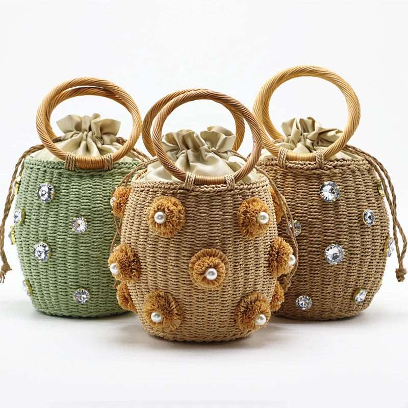 Handmade Rhinestone Crystal Embellished Straw Bag