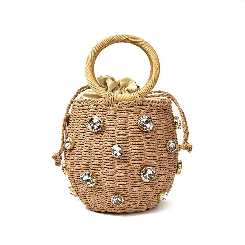 Handmade Rhinestone Crystal Embellished Straw Bag