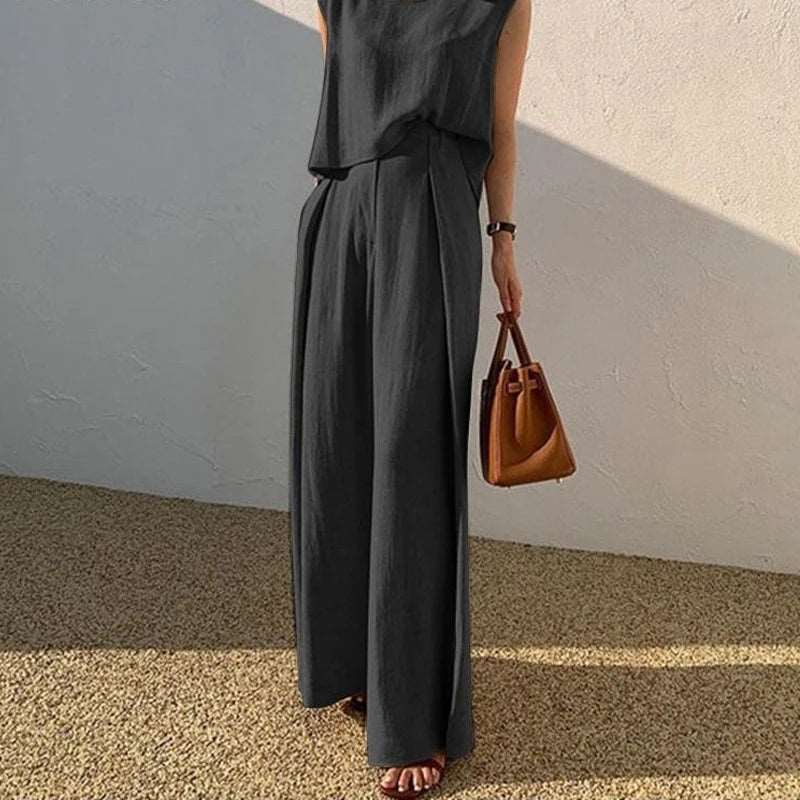 Casual O Neck Sleeveless Vest Top with Long Pants Suit