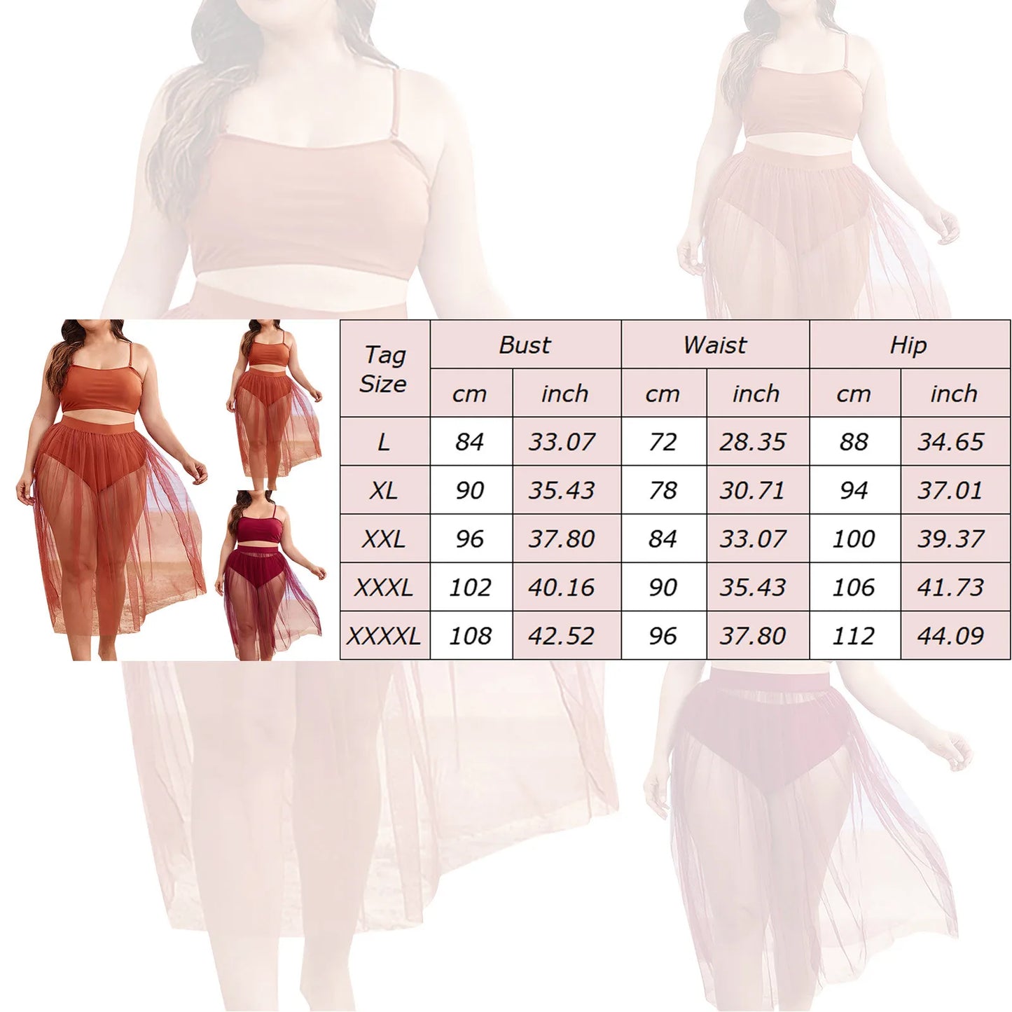 Plus Size Bikinis Set Women's padded Camisole Mesh perspective Skirt