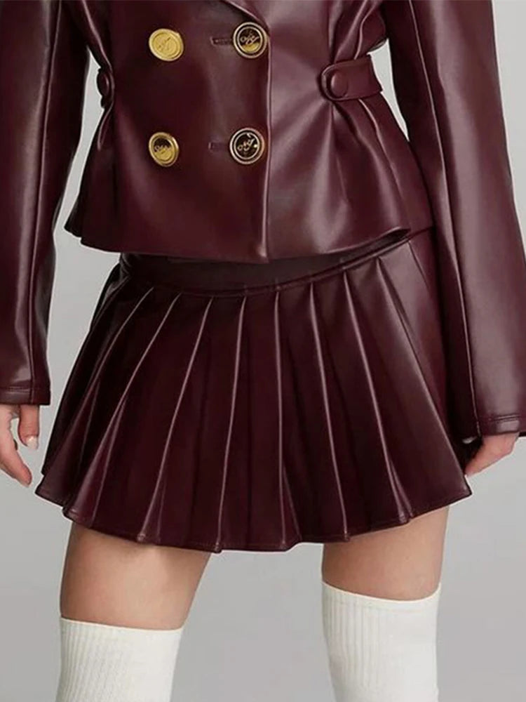 PU Leather Jacket & Pleated Mini Skirt Set