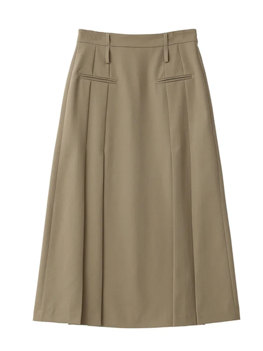 British High Waist Pleated Solid A-line Skirt