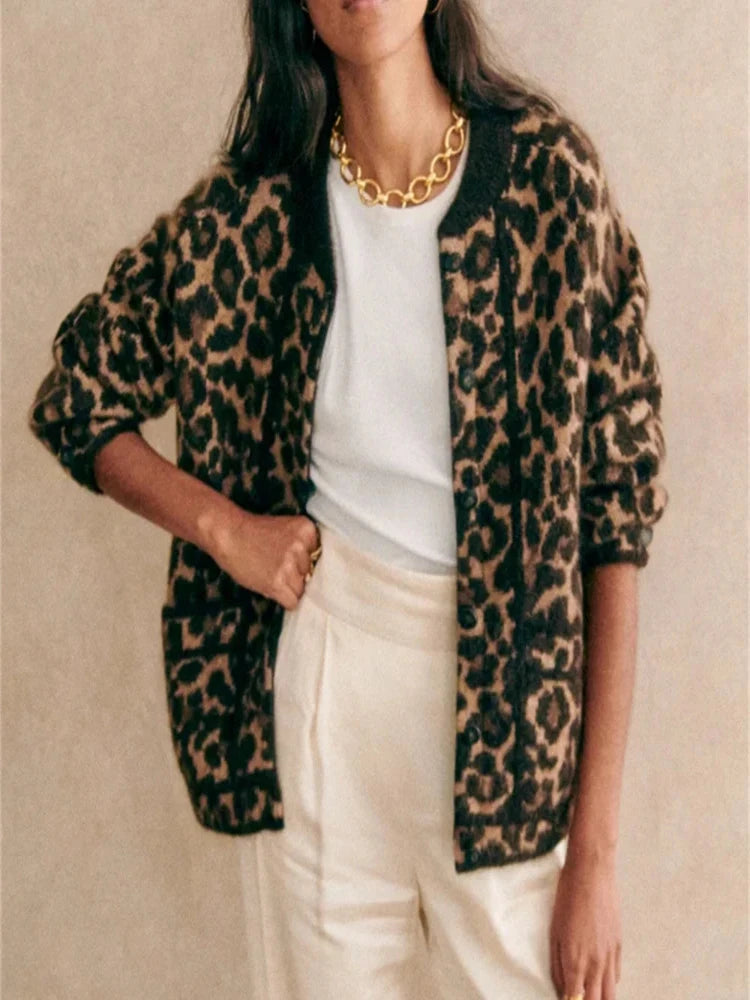 Leopard Print Jacquard Knit Cardigan