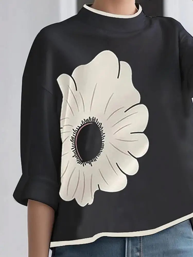 Flower Printed Mock Neck T-Shirt