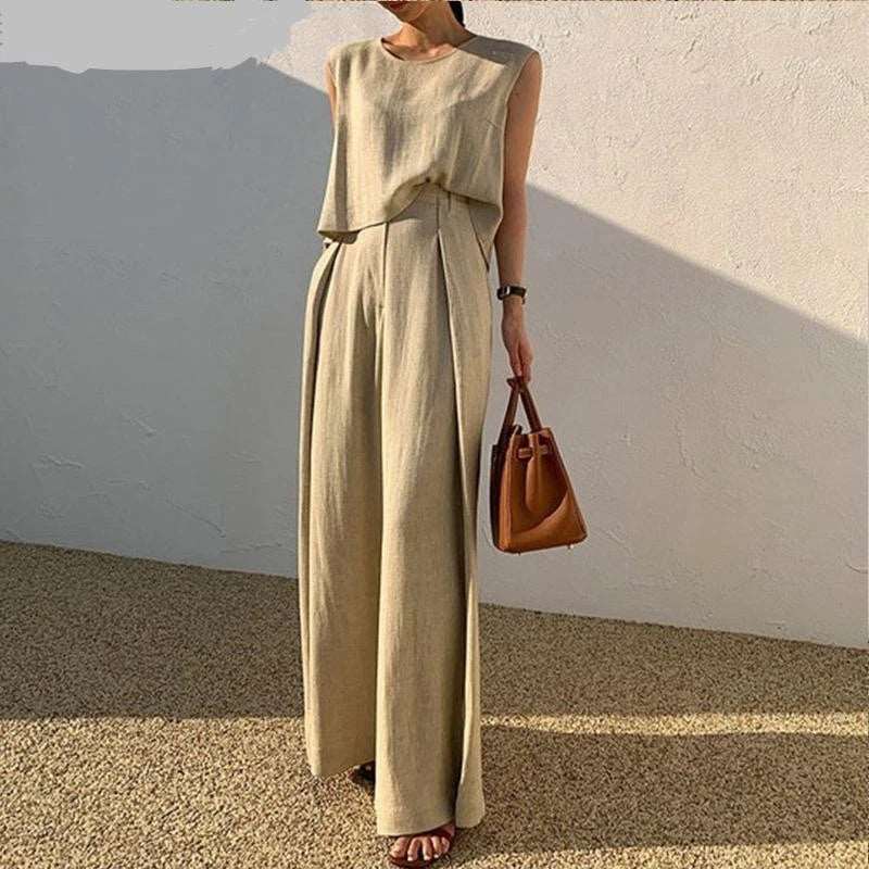 Casual O Neck Sleeveless Vest Top with Long Pants Suit