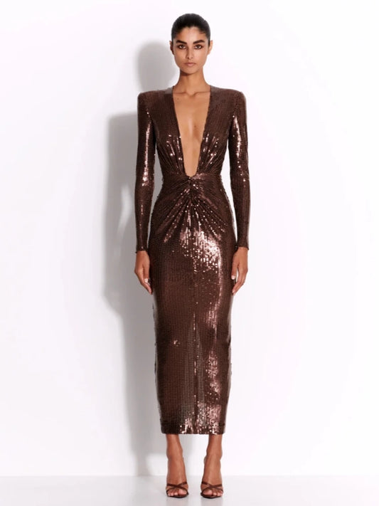 Brown Sparkle Sequin Ruched Dress