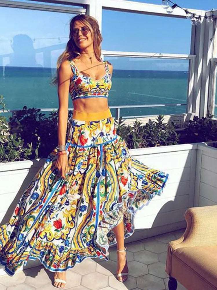 Bohemian Style Print Skirt Two Piece Set