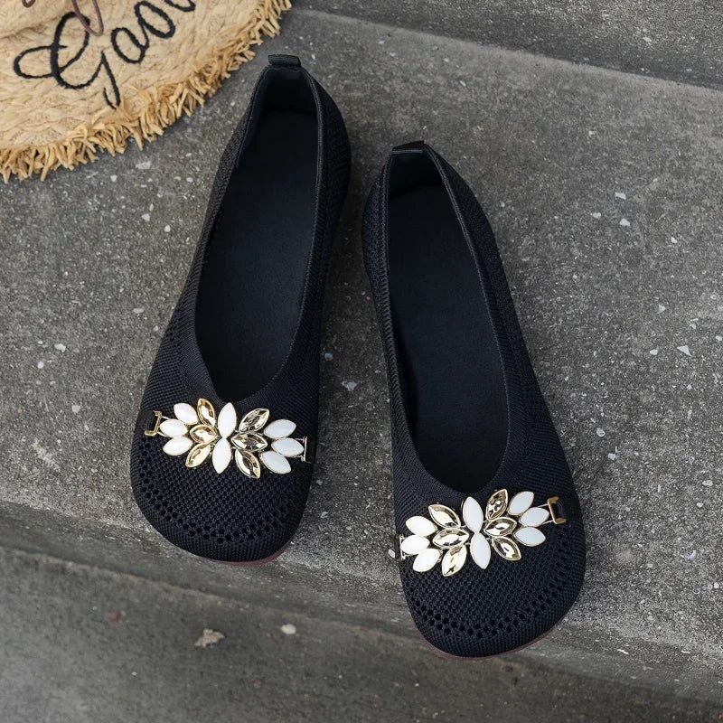 Mesh Rhinestone Flower Loafers