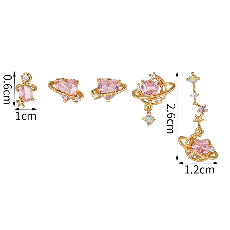 5PCS Exquisite Pink Zircon Cute Heart Earrings Set