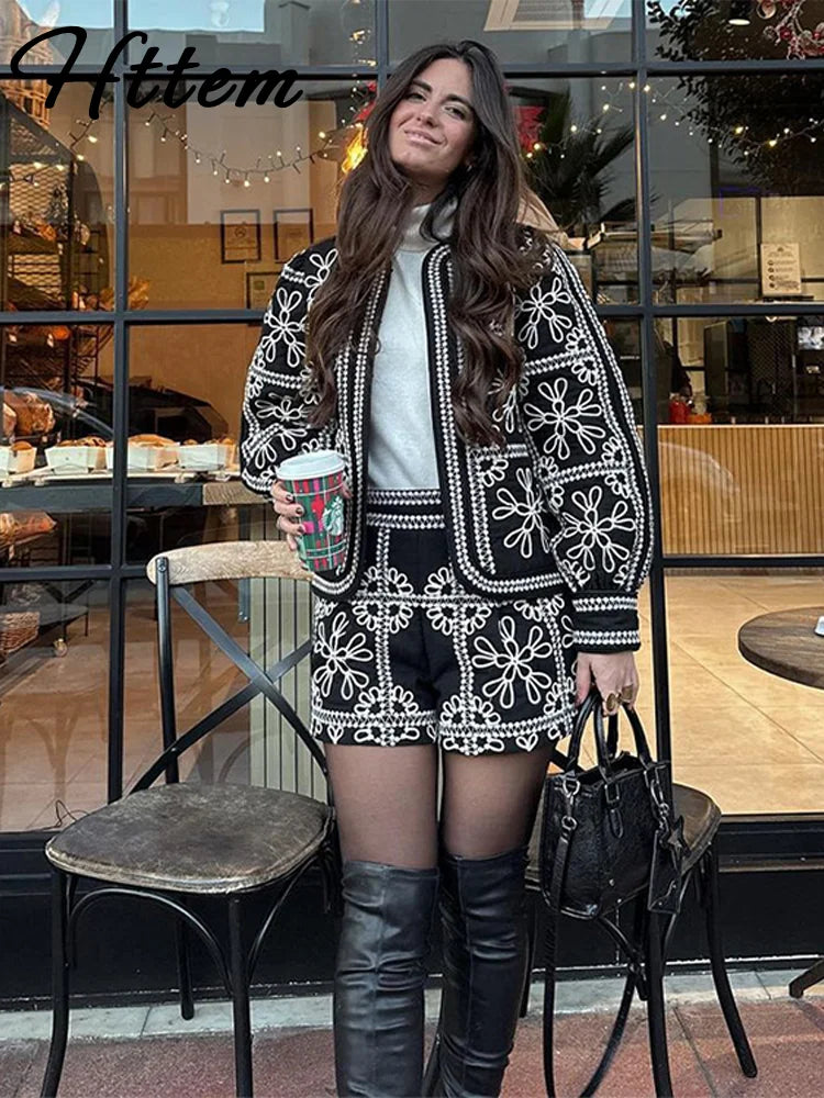 Casual Printed Jacket Shorts Set