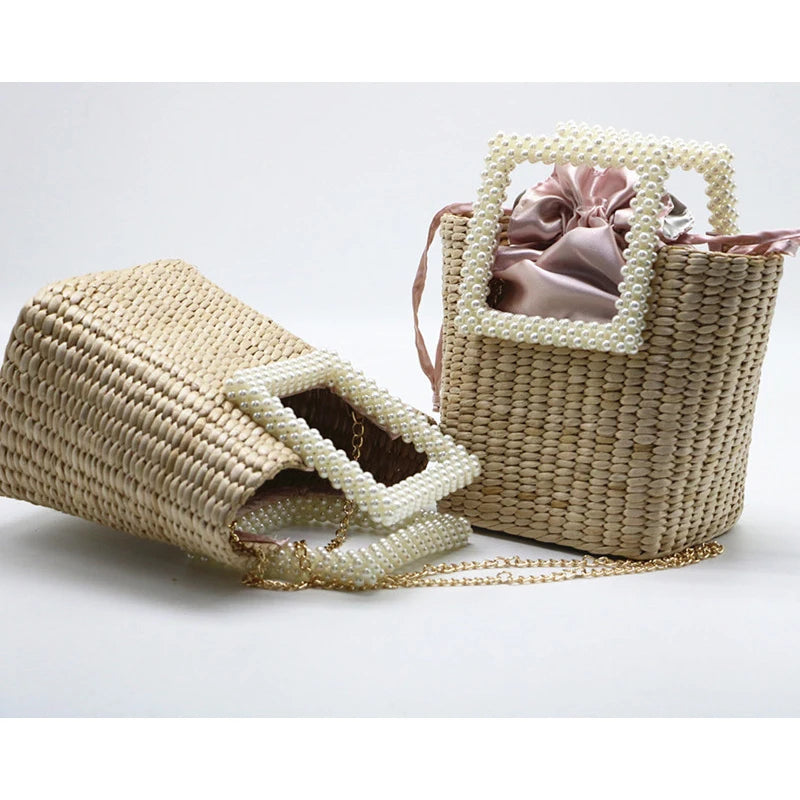 Pearl straw bag bursting with bushel woven bags holiday beach handbag