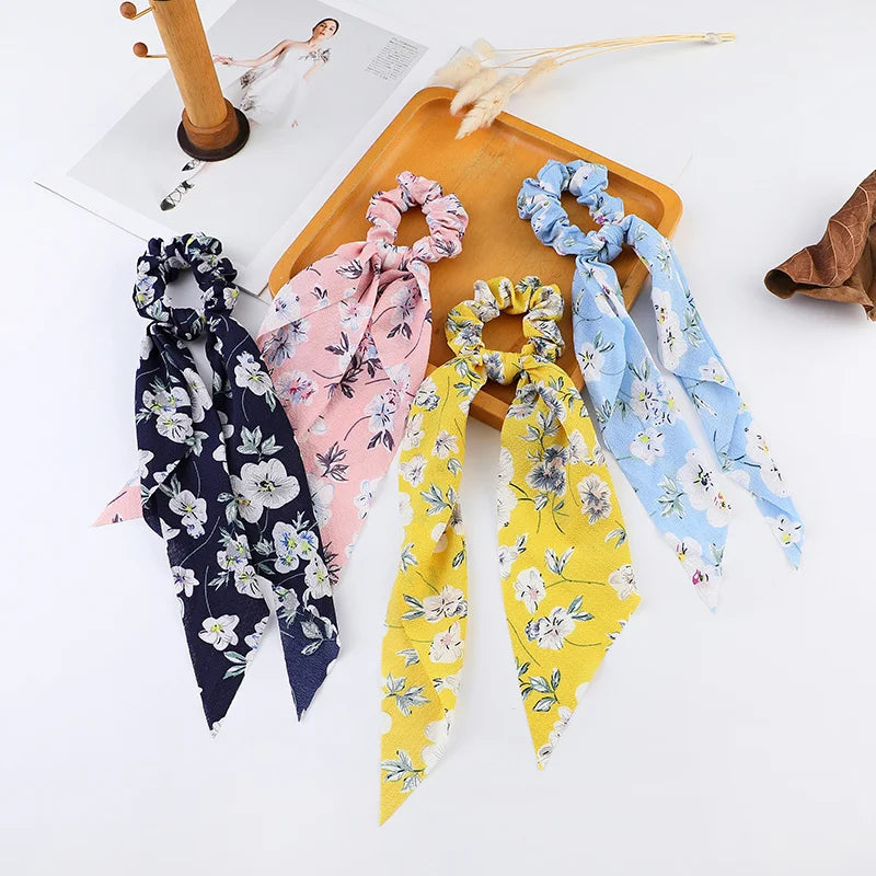 Print Chiffon Long Ribbon Scrunchies