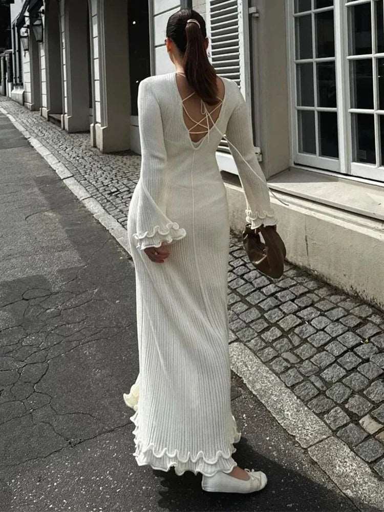 Fashion Ruffled Hem Knitted Long Dress