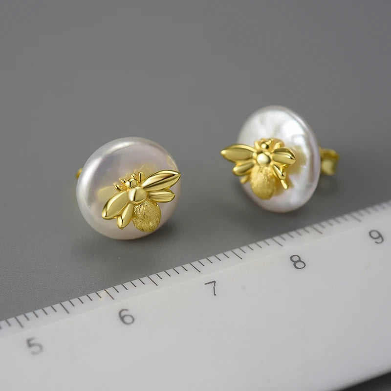 Lotus Fun Unusual Vintage Natural Baroque Pearl 18K Gold Bee Stud Earrings