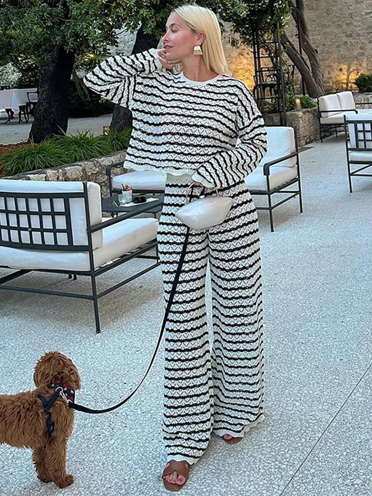 Casual Striped Knit  Pants Suit