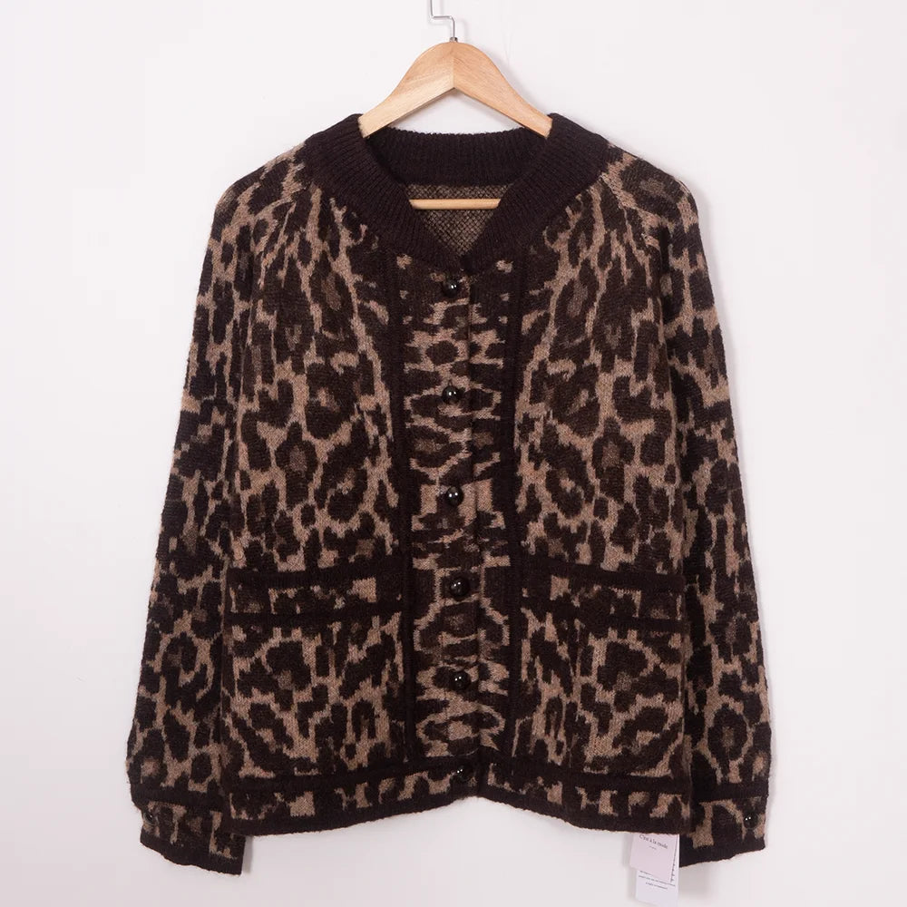 Leopard Print Jacquard Knit Cardigan