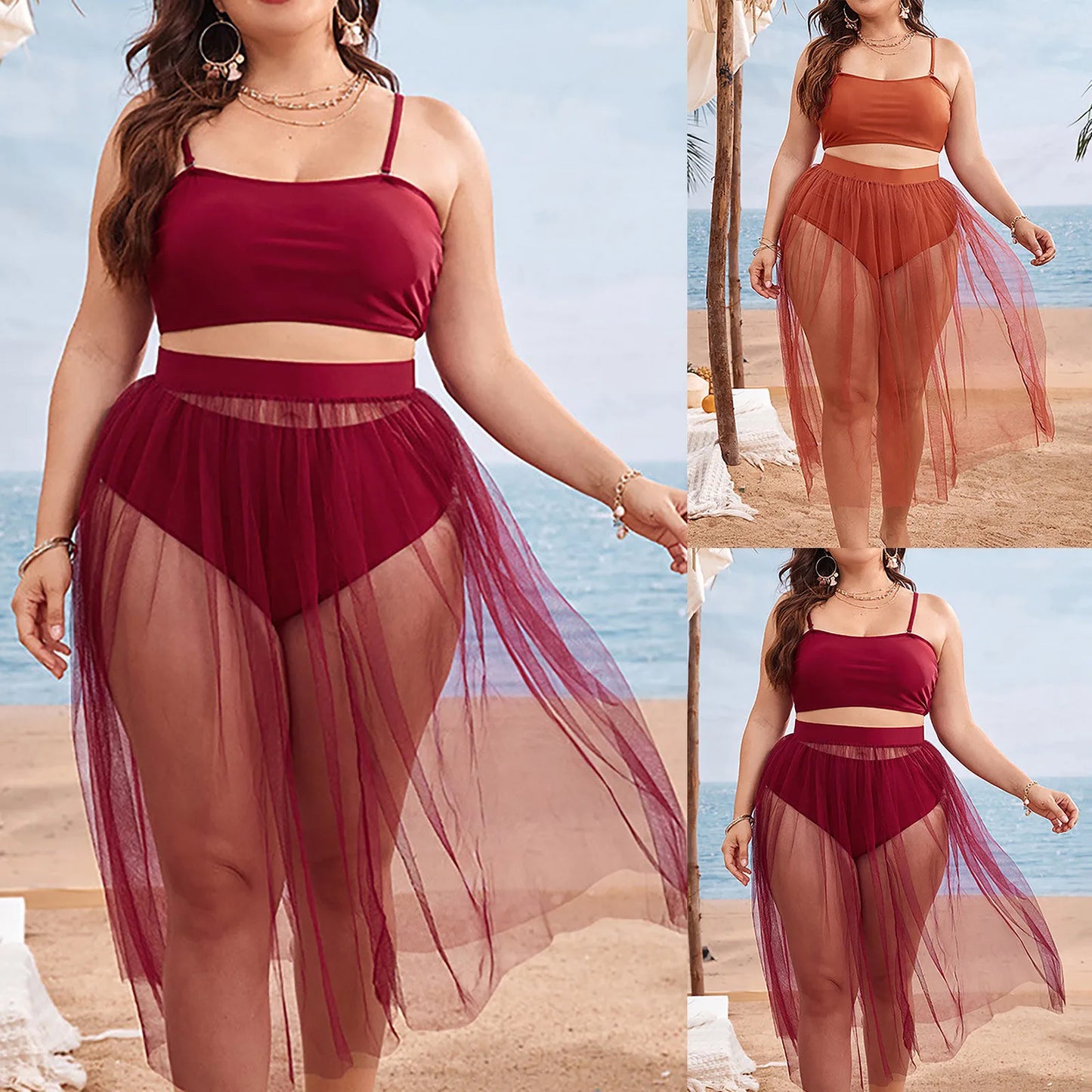 Plus Size Bikinis Set Women's padded Camisole Mesh perspective Skirt