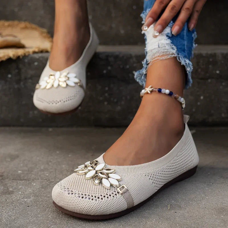 Mesh Rhinestone Flower Loafers