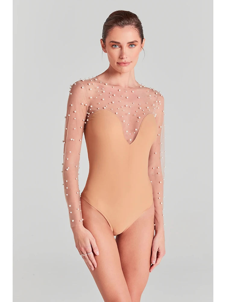 Long Sleeves Mesh Pearl Beaded Bodysuits+Strapless Jumpsuit