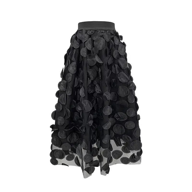 Retro Black Elegant Round Dot Mesh Long Skirt