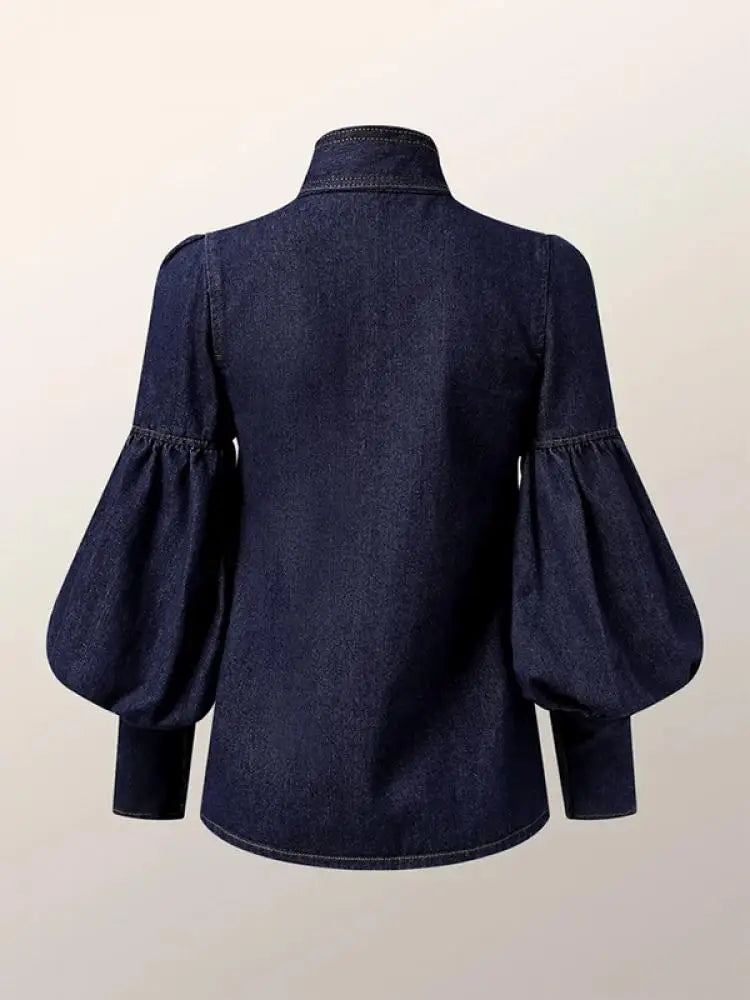 Denim Puff Sleeves Bow-Embellished Blouses