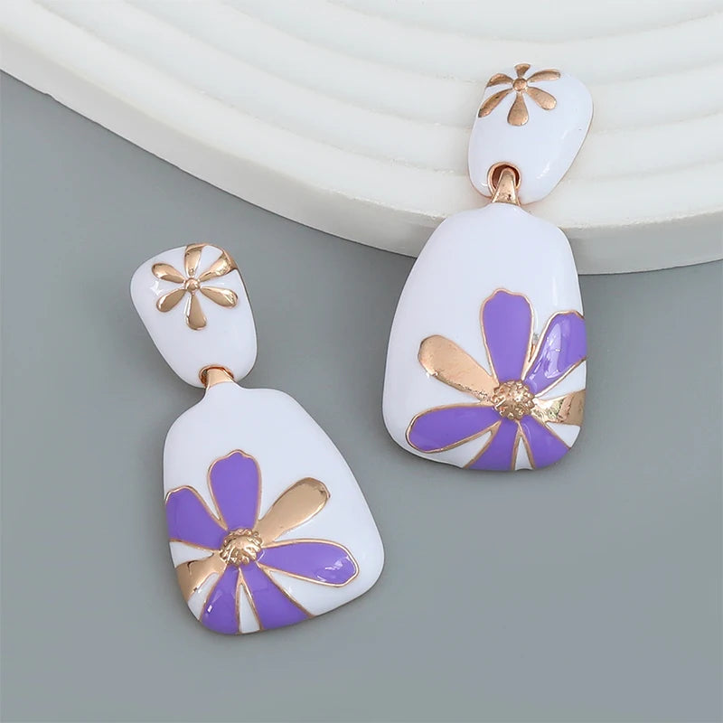 Enamel Flower Metal Dangle Post Earrings