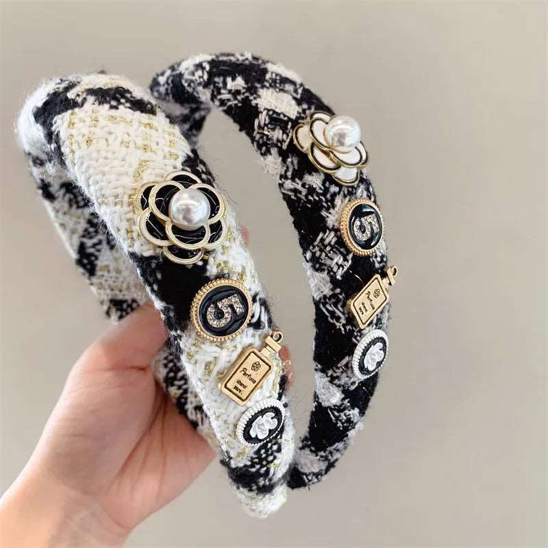 Black White Camellia Embroidery Women Hairband