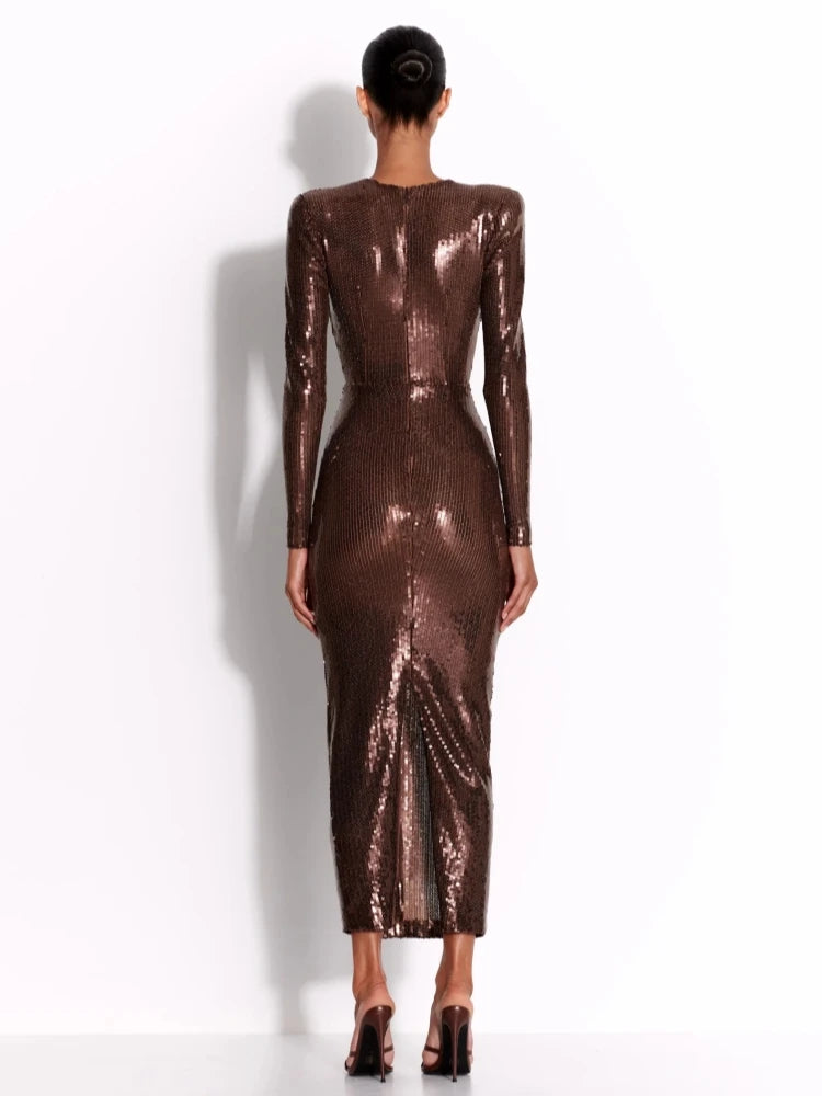 Brown Sparkle Sequin Ruched Dress