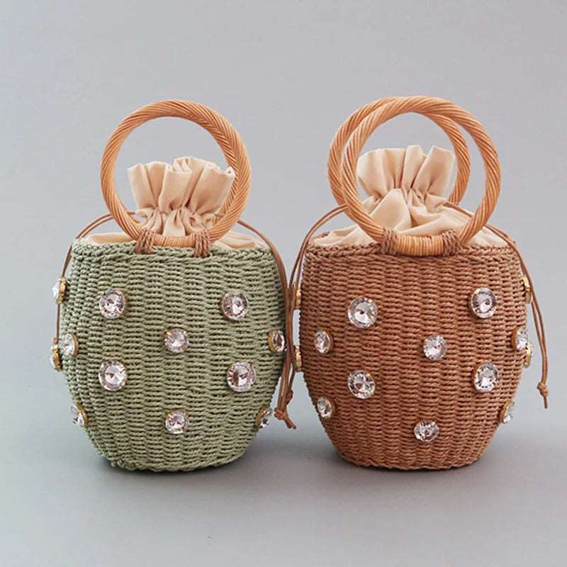 Handmade Rhinestone Crystal Embellished Straw Bag