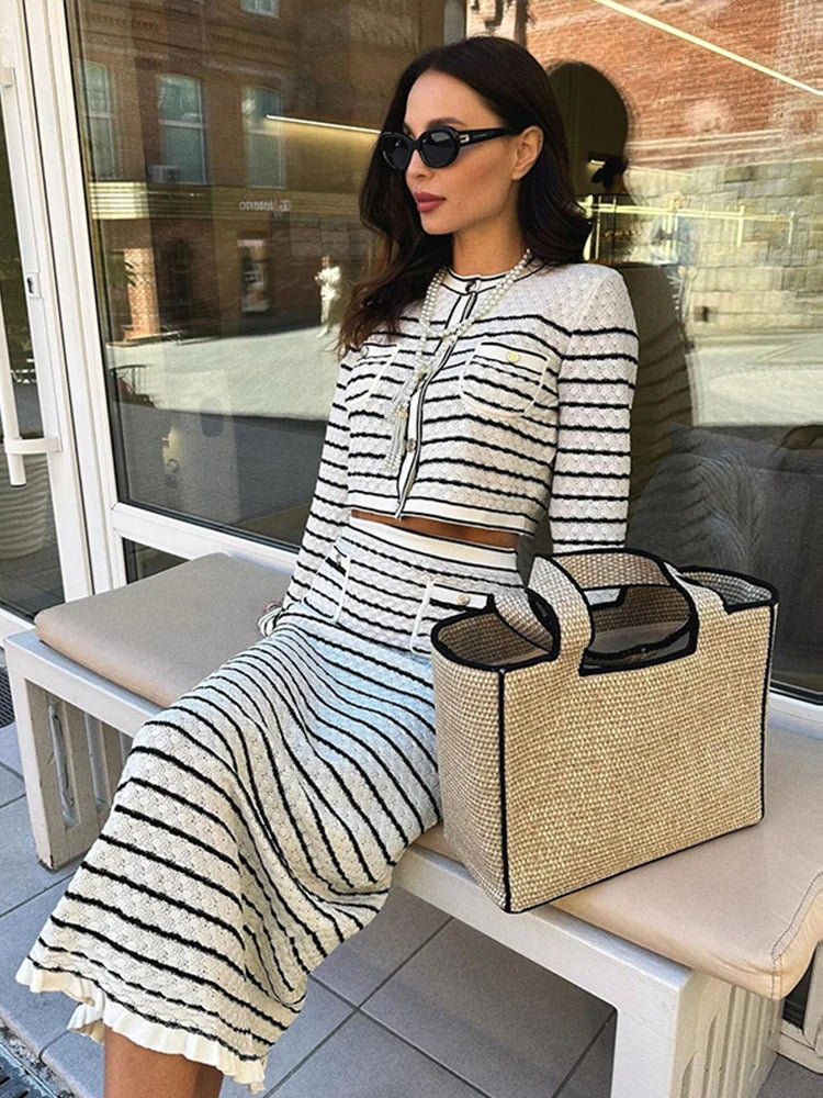 Knitted Striped Set Skirt & Single Breasted Cardigan